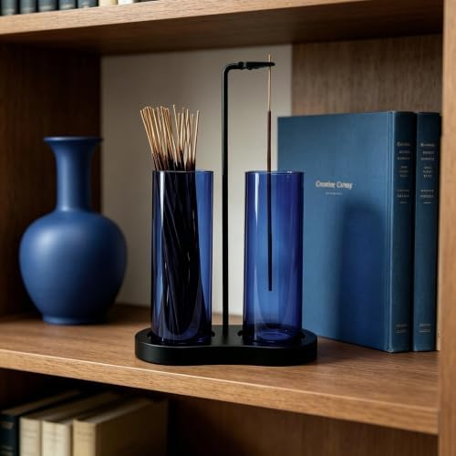 Blue Glass Incense Holder, Incense Burner Holder with Ash Catcher & Storage,Hang Upside Down Incense Holder for Sticks (Blue) - Image 5