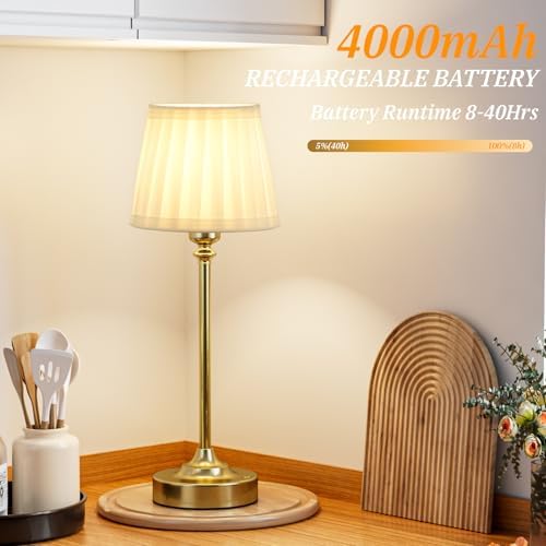 Cordless Table Lamp Rechargeable Gold - 1 Pack Brass 4000mAH Battery Operated Lamp for Decor, 3000K Stepless Dimming Touch Control Wireless Lamp for Bedroom, Dining Table, Counter, Living Room - Image 4