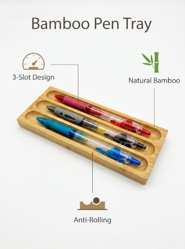 Natural Bamboo 3 Slot Pen Tray, Wooden Pen Holder Desk Organizer for Fountain Pens, Markers, Makeup Brushes, Minimalist Office Desk Storage Tray - Image 4