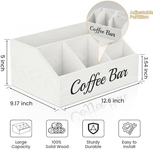 Coffee Station Organizer for Countertop – Wooden Coffee Bar Organizer with Adjustable Dividers,Holds K Cup Pod & syrup bottles, for Kitchen, Office, or Bar and Tea Station, White - Image 4