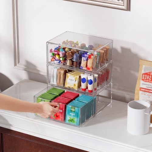 2 Pack Clear Tea Bag Organizer, Stackable Drawer Organizer with Dividers for Pantry Bathroom Vanity Kitchen - Cabinet Countertop Shelf Plastic Storage Bins for Coffee/Makeup/Cosmetic/Crafts/Jewelry - Image 5