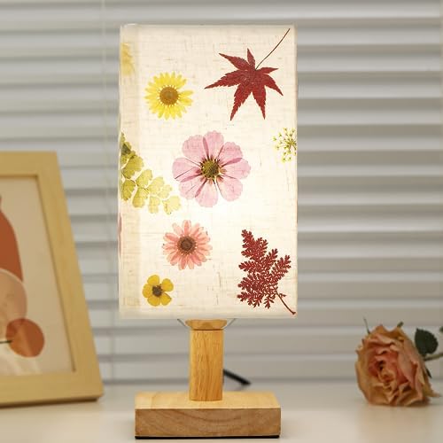 Dried Flowers Table Lamp 5W LED 3Color Temperatures Pressed Flower Bedside Lamp Square Linen Shade with Wood Base for Bedroom Living Room - Image 2