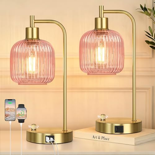 Pink Glass Table Lamps Set of 2, Dimmable Bedside Lamps for Living Room by Qimh