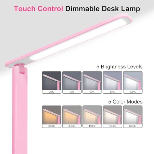 White crown LED Desk Lamp Dimmable Table Lamp Reading Lamp with USB Charging Port, 5 Lighting Modes, Sensitive Control, 30/60 Minutes Timer Pink (Pink, First-Generation) - Image 2
