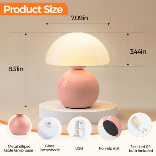 NIORSUN Mushroom Lamp Table Lamp for Bedroom, Portables Cordless Table Lamp,Wireless lamp,Small Bedside Table Touch Lamps for Living Room,Mini Mushroom 5200mAh Battery Operated Lamp Modern Pink - Image 2