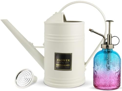 0.5 Gallon Small Watering Can for Outdoor Indoor Plants for House Plants, 12 oz Glass Plant Mister Spray Bottle for Bonsai Garden Flowers (White) by Megawodar