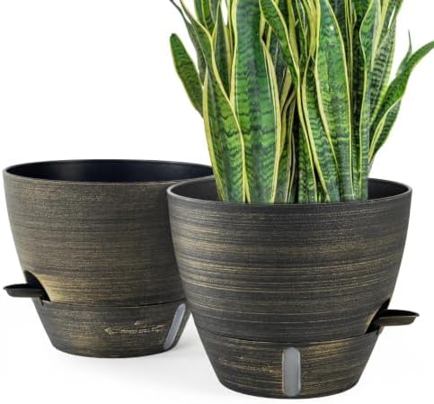 ZMTECH 12 Inch Self Watering Pots for Indoor/Outdoor Plants, Gold Bronze Large Plastic Planter with Water Level Indicator, Drainage Hole & Removable Saucer for Garden Flowers, Deco Plant Container by HighQualityGardeningTools