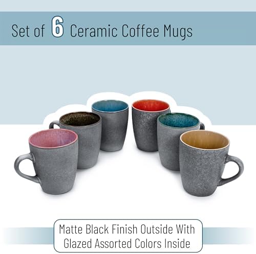 BTaT- Porcelain Coffee Mugs Set, 12 oz (350ml), 6 Pack, Ceramic Coffee Mugs, Matte Black Outside and Colorful Inside, Restaurant Cups for Tea, Cappuccino, Cocoa, Cereal, Mug Gift Set, Dishwasher Safe - Image 2