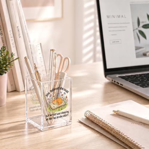 She Believed She Could But Her Cat Acrylic Pen Holder for Book Lover - Image 4