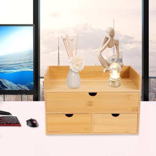 Premium Natural Bamboo Desktop Organizer, Attractive Design 3 Tier, Table Top Storage for Documents & Office Supplies, Accessories And More, No Assembly Required (3 Drawer with Shelf) - Image 5