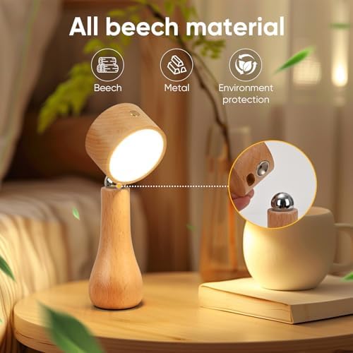 LONRISWAY LED Wooden Mushroom Lamp, Rechargeable Battery Operated Portable Cordless Touch Switch Small Lamp, Stepless Dimming, 360 Degree Rotation Angle Adjustable，Night Light for Birthday Gifts - Image 2