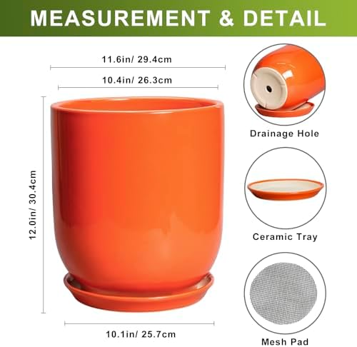 12 Inch Pots for Plants - Ceramic Planter with Drainage Hole and Saucer, Decorative Round Large Plant Pot for Indoor Outdoor Plants, Plant Lover Gifts, Home Office Garden Decor, Orange - Image 3