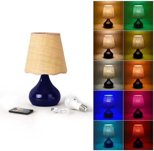 Cordless Table Lamp Rechargeable, Navy Blue Mini Bedroom Lamps for Bedside Nightstand, Rattan Shade Small Table Lamps for Small Spaces for Kitchen Counter, Bookshelf, Home Office, Living Room, Dorm by Unknown
