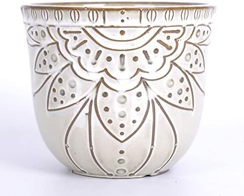 VanEnjoy 5.9 inch Round Bohemian Style Ceramic Planter, Geometry Engrave Off White Brown Planter Flower Pot, Indoor Outdoor Decorative Planter - Image 3