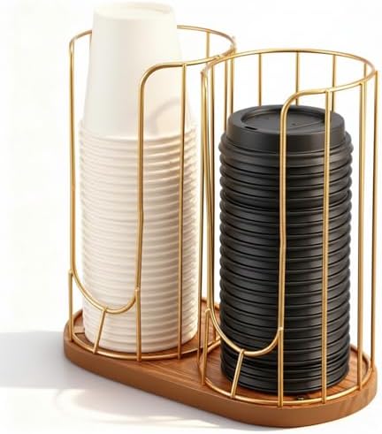 Geelin 18oz Adjustable Coffee Cup Dispenser with Wooden Base, Cup and Lid Holder, Cups Holder Organizer for Coffee Pod Straw and Lid Storage(2-compartment Single,Color 2) by Geelin
