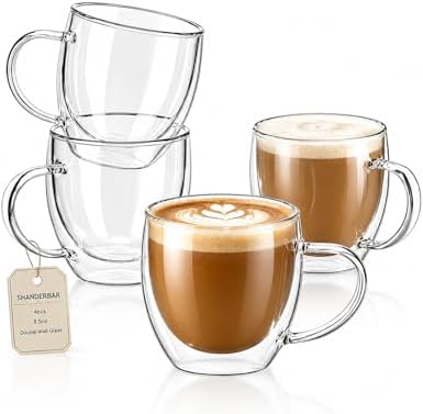 8.5oz Double Walled Glass Coffee Mugs with Handles, Set of 4 by SHANDERBAR+