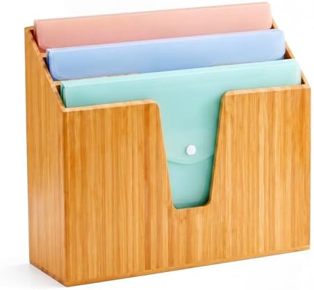Suzile Bamboo Wall Mounted File Folder Holder Organizer, 3-tier Vertical File Organizer Wooden Sorter Rack for Office, Home, Desktop, Desk Letter Mail Document Storage, 13" x 4.5" x 11.5" by Suzile