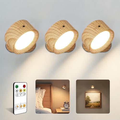 Wall Lights, Rechargeable Magnetic Wall Sconce with Remote, Wood Grain-3Pcs by AMETHEUS