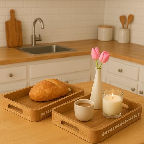 Mela Artisans Rounded Mango Wood Serving Tray Set - Natural, 15" and 13.5" - Image 5