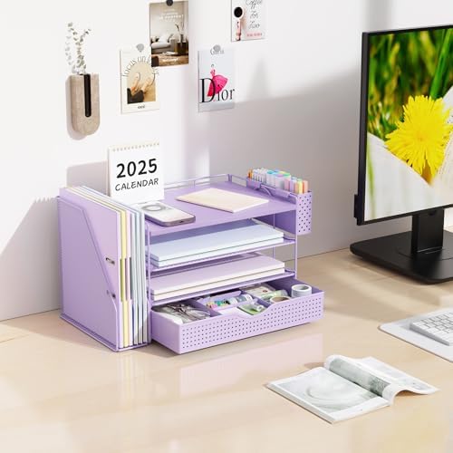 Wood Desk Organizers and Accessories with File Holder, 4-Tier Desk Accessories & Workspace Organizers with Drawer and Pen Holder, Desk Reference Organizer (Purple, 4T with Drawer) - Image 3