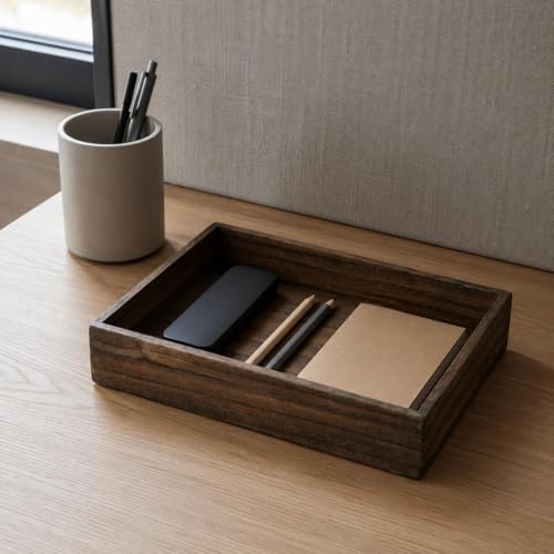 kowaku Rectangular Tray Wooden Serving Tray Table Organizer Aged Wood Look with Sides Minimalist Form Suitable for Cups Snacks Coasters Coffee Table Sideboard Lounge, Dark Brown Single Tray - Image 6