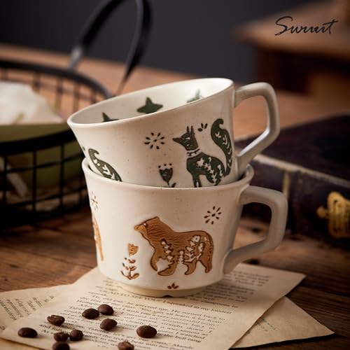 12oz Vintage Ceramic Coffee Mug Set of 4 - Handmade Stoneware Pottery Countryside Farmhouse Fall Autumn Tea Mugs with Big Handle for Latte,Cocoa,Dishwasher & Microwave Safe Cups (Animals) - Image 3