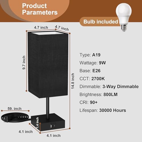 Touch Bedside Table Lamp for Bedroom, 14-Inch, Black, Set of 2 - Image 5