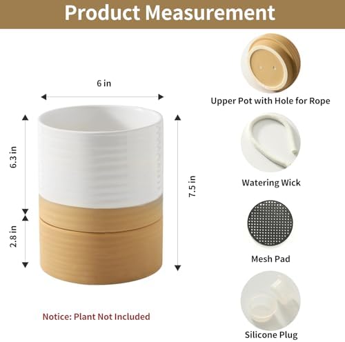 HASENSE Self Watering Plant Pot, 6 Inch Porcelain Planter with Drainage Hole and Saucers for Indoor & Outdoor Plants, Round Flower Pots for Houserwarming Gift, White - Image 2