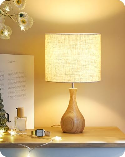 Small Table Lamp, Wood Desk Lamp with Beige Linen Lampshade & Natural Wood Bottle-Shaped Base, Modern Bedside Lamp with Cable, E26 Base, Bulb Not Included, for Bedroom, Kid's Room, ME09TL05 by GOEBLESON