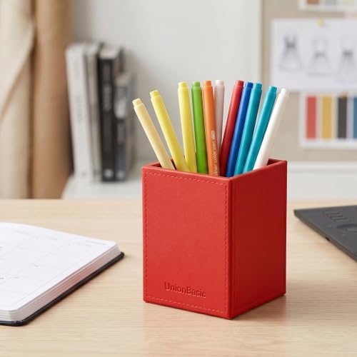 UnionBasic Square Pen Holder, Leather Pencil Cup, Desktop Caddy Stationery Organizer, Red - Image 6