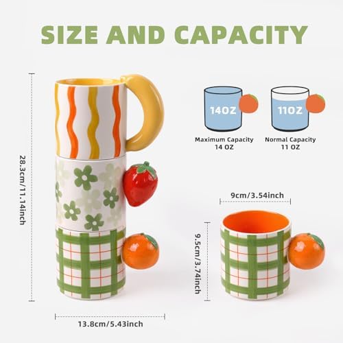 DIF DECO Ceramic Coffee Mugs Set of 3, Stackable Funny Tea Cup with Unique Fruit Shape Aesthetic Mug with Handle for Latte/Cappuccino/Cocoa - Microwave and Dishwasher Safe (14oz) - Image 2