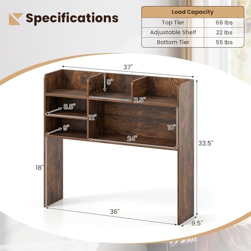 GIANTEX Desktop Bookshelf, 37" Desk Hutch Dorm for Computer Up to 32 Inch, Countertop Hutch w/6 Storage Shelves, 3-Tier Desktop Organizer Display Rack, Wood Desk Shelf for Home Office (Rustic Brown) - Image 3
