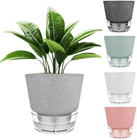6-Inch Self-Watering Plant Pot with Visual Reservoir and Drainage Hole, Set of 5, Plastic Flower Pots, Planting Pot for Indoor Outdoor Plants (Frosted Mixed Color) by HYNZ
