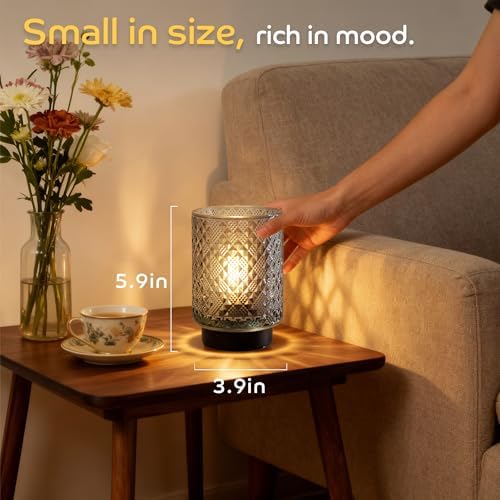 LUSHARBOR Battery Operated Lamp with Timer, Small Decorative Table Lamp Ambient, Glass Cordless Lamps Bedside Battery Powered Lamp for Bookshelf, Entryway Diamond Design-Grey - Image 3
