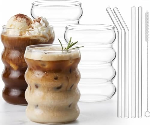 ALINK Ribbed Drinking Glass Cups with Straws Set of 4, 12 oz Aesthetic Iced Coffee Glasses, Wave Bubble Tumbler, Ripple Glassware, Beer Glasses for Coctail, Soda, Gift with Brush by ALINK