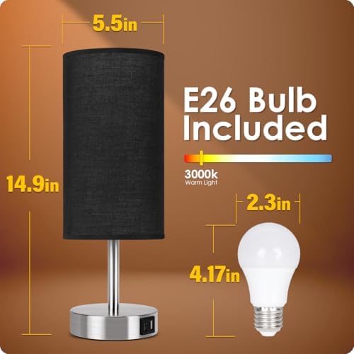 Bedside Lamp with USB Port - Touch Control Table Lamp for Bedroom Wood 3 Way Dimmable Nightstand Lamp with Round Black Shade for Living Room, Dorm, Home Office (LED Bulb Included) (Blacl2) - Image 4