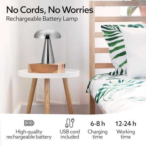 Brushed Silver Mushroom Table Lamp, Cordless Rechargeable LED Metal Lamp, Tap Touch 3-Color Modes Changing Light, Small Portable Accent Lamp for House, Restaurant, Hotel, Bars, Travel, Emergencies - Image 3