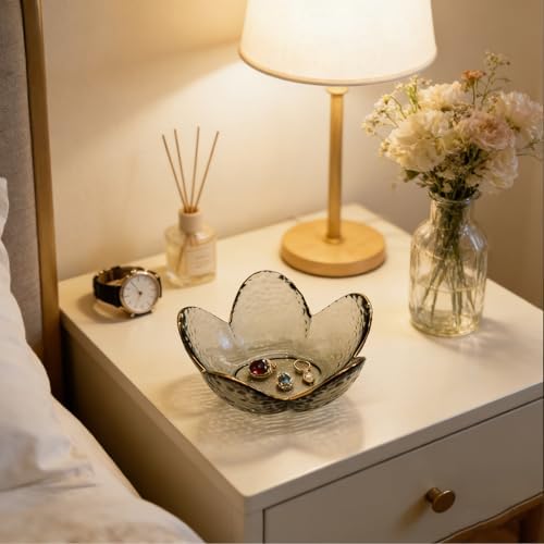 Flower Ring Dish Jewelry Tray, Glass Jewelry Dish Tray, Cute Room Decor Small Trinket Dish, Nightstand Jewlery Ring Holder, Bathroom Jewlery Plate Bowl for Earring Gift for Women (Smoky Black) - Image 6