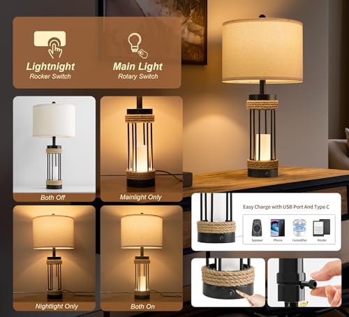 OYEARS 25" Table Lamps Set of 2 with Night Light, Rustic Bedside Lamps with USB C+A Charging Ports, Black Metal Lamp with Rope Accent and Frosted Glass, Farmhouse Lamps for Living Room Bedroom - Image 3