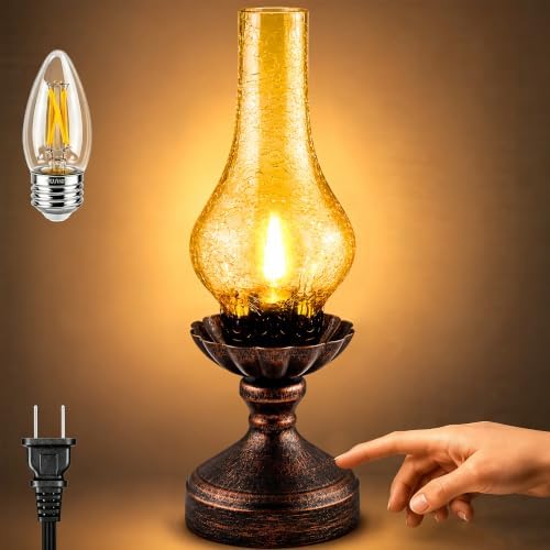 Vintage Table Lamp,Touch Control & 3-Way Dimmable Rustic Retro Farmhouse Bedside Lamp with Amber Glass Shade and LED Bulb for Bedroom, Living Room, Cabin, Office by LEDIKON