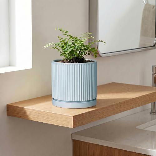 Ceramic Flower Pots, 6 Inch Planters with Saucer, Light Blue - Image 3