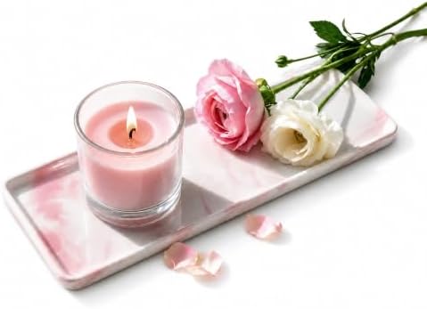 10″ x 3.5″ Ceramic Bathroom Vanity Tray, Rectangular Decorative Countertop Tray for Bathroom Kitchen, Ceramic Organizer Tray for Perfume, Candle, Jewelry, Cosmetics, Soap Dispenser, Marble Pink by BLESWIN