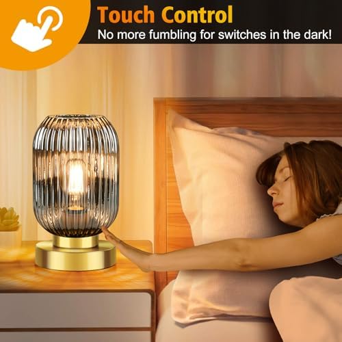 Mid Century Modern Table Lamp with Smoke Grey Ribbed Glass Shade, Touch Control & 3 Way Dimmable, Small Gold, Vintage Bedside Lamp for Bedroom, Living Room, Office (Bulb Included) - Image 2