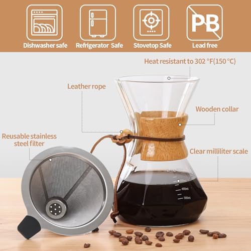 Pour Over Coffee Maker 20 OZ, 6 Cup Borosilicate Glass Drip Coffee Maker with Reusable Stainless Steel Filter and Cork Grip for Home Café 600 ML (Diamond Shape) - Image 6