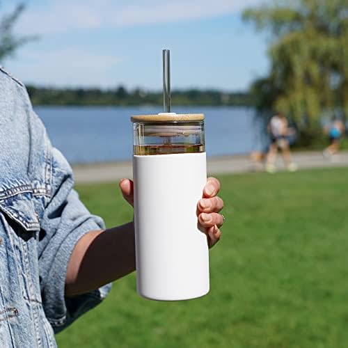 Pinky Up Katherine Insulated Glass Tumbler with Lid, Straw and Silicone Sleeve, Iced Coffee Tumblers, Smoothie Cup to Go, 24 oz, Set of 1, White - Image 4