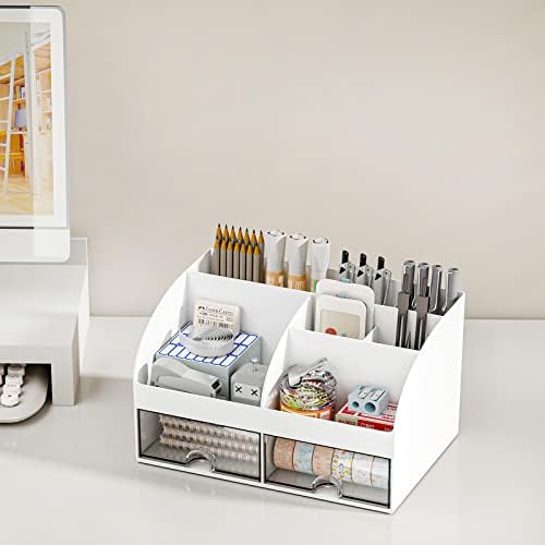 COMFYROOM Desk Organizer with 6 Compartments and 2 Drawers, Plastic Makeup Organizer, Pen Holder for Desktop Storage, Desk Organization for School, Home, Office Supplies (White) - Image 4