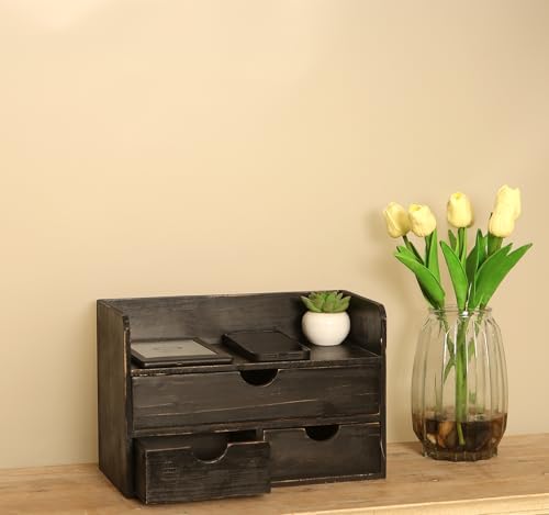 Vintage Rustic Wooden 3 Drawer with Shelf Office Desk Organizer & Mail Rack For Desktop,makeup holder Box for Office Home Toiletries Supplies Vanity, No Assembly Required (Rustic Black) - Image 4