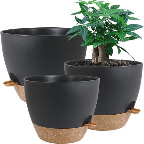 UOUZ Large Self Watering Pots, 12/10/9 Plastic Planters with High Drainage Holes and Deep Reservoir for Indoor Outdoor Garden Plants and Flowers, Black with Brown by UOUZ