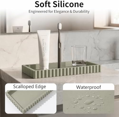 Bathroom Vanity Tray - 9.4''x3.9'' Silicone Bathroom Tray with Scalloped Edge, Counter Top Tray for Vanity Sink Countertop, Decorative Organizer for Cosmetics Jewelry, Rectangular, Matcha - Image 3