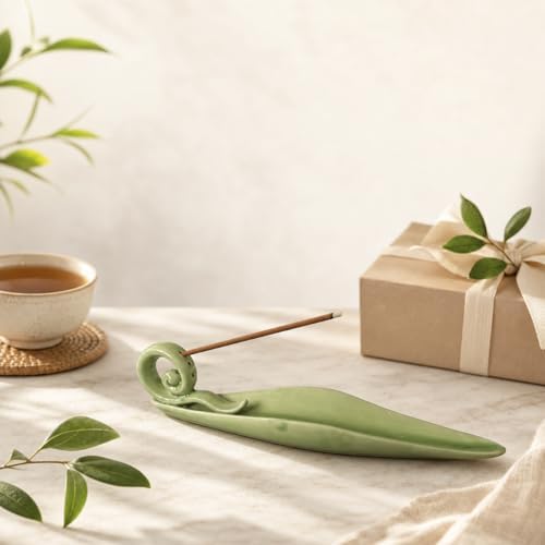 Handmade Ceramic Leaf Incense Holder - Long Ash Catcher Tray with Curled Tail Design, Zen Meditation Yoga Aromatherapy Home Decor - Image 2